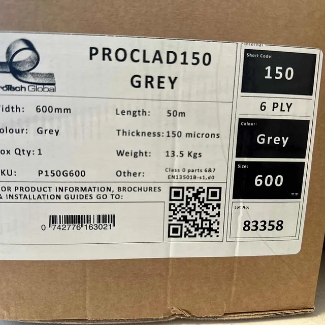 Etikett på eske med informasjon om Proclad150 grå folie, 600 mm bred og 50 meter lang.